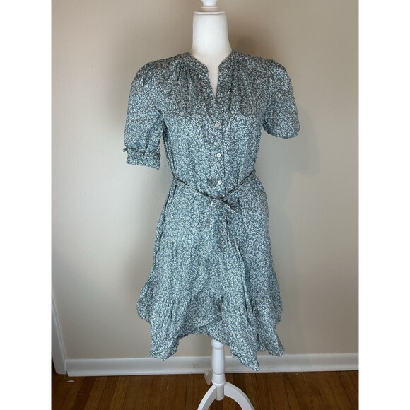 Draper James S Midi Dress Green Floral Peasant Tiered Puff Sleeve Button Cotton - Picture 2 of 8